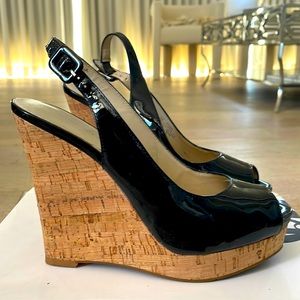 Black patent sling back wedges